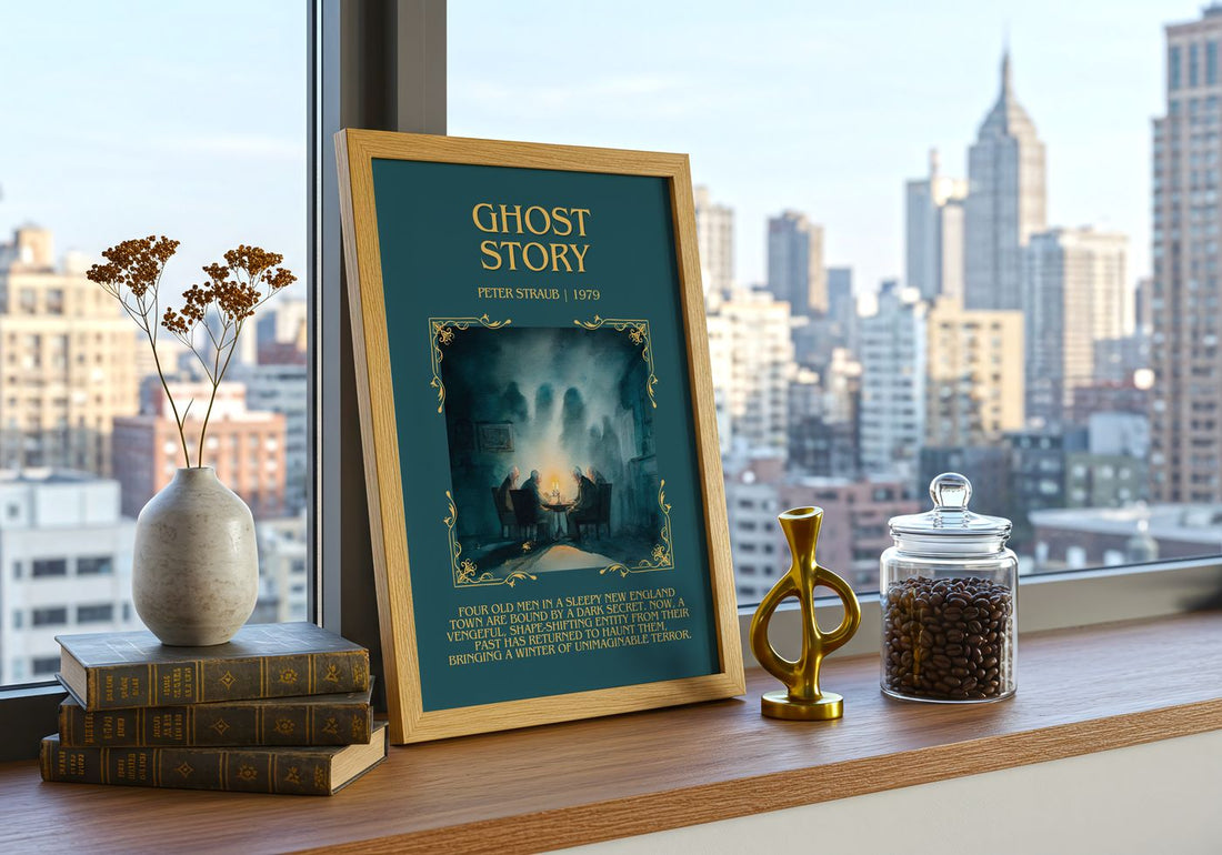 Ghost Story Minimalist Book Poster by Peter Straub – framed print on a city-view windowsill