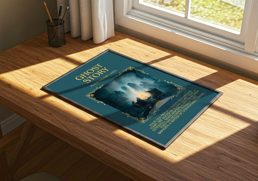 Ghost Story Minimalist Book Poster by Peter Straub – print on a sunlit desk