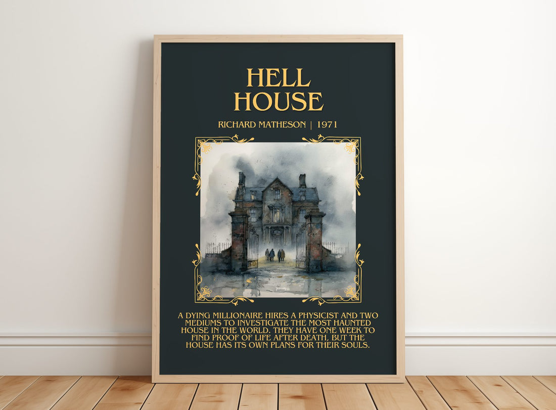 Hell House Minimalist Book Poster by Richard Matheson – framed print leaning on a wooden floor