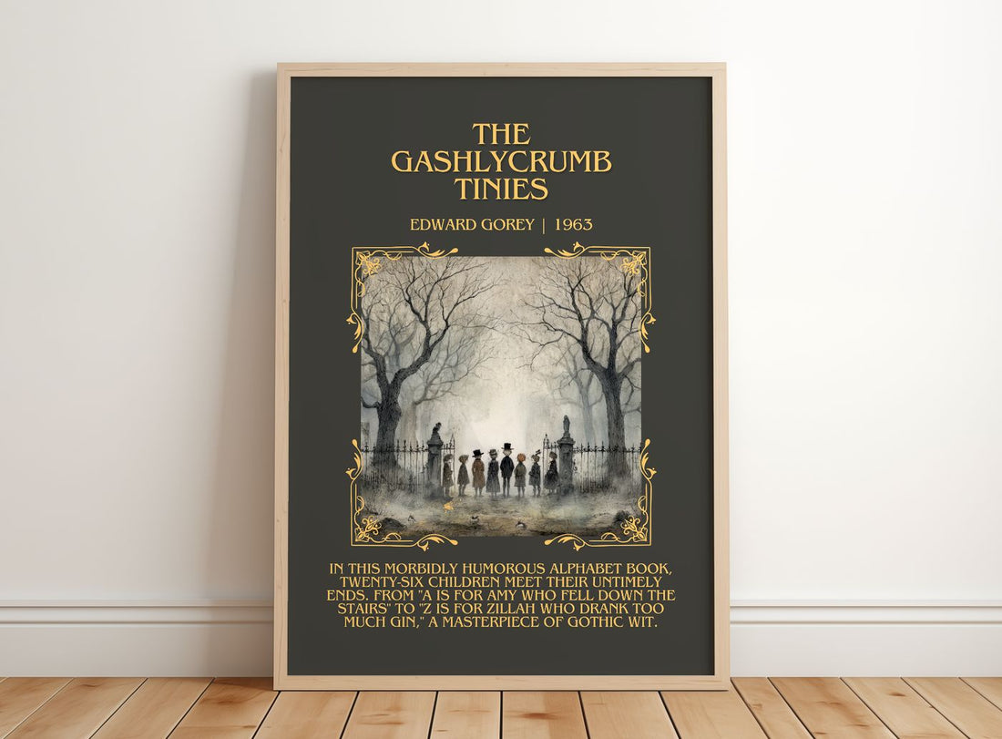 The Gashlycrumb Tinies Minimalist Book Poster by Edward Gorey – framed print leaning on a wooden floor