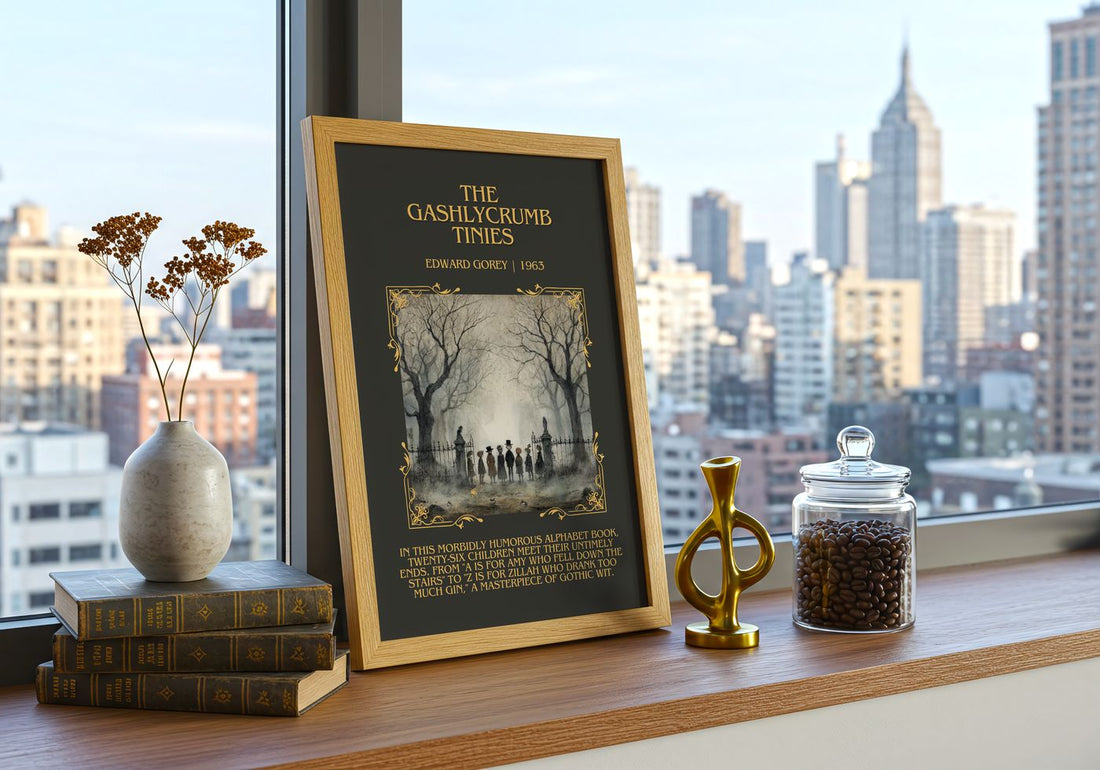 The Gashlycrumb Tinies Minimalist Book Poster by Edward Gorey – framed print on a city-view windowsill