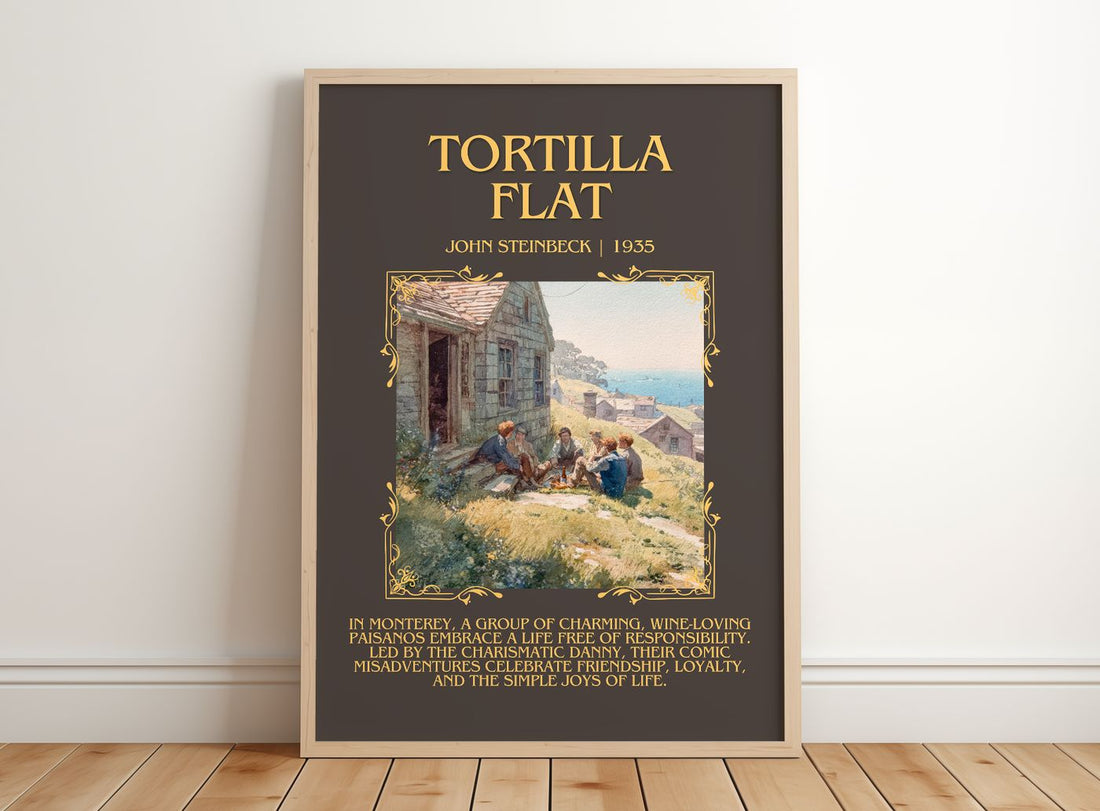 Tortilla Flat Minimalist Book Poster by John Steinbeck – framed print leaning on a wooden floor