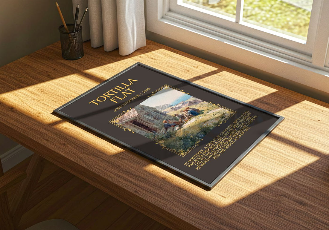 Tortilla Flat Minimalist Book Poster by John Steinbeck – print on a sunlit desk