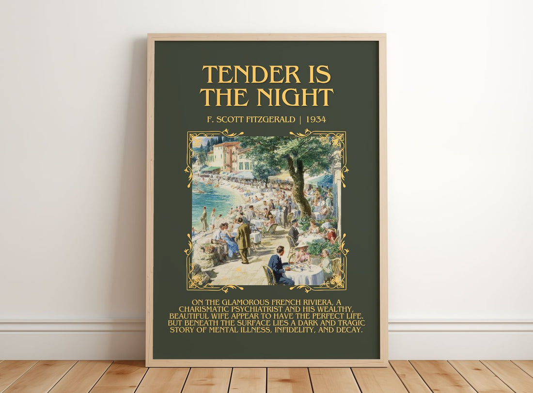 Tender Is The Night Minimalist Book Poster by F. Scott Fitzgerald – framed print leaning on a wooden floor