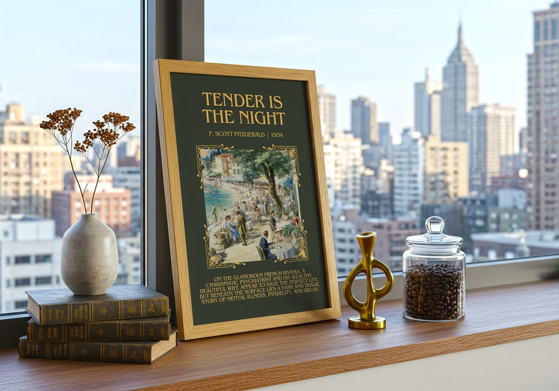 Tender Is The Night Minimalist Book Poster by F. Scott Fitzgerald – framed print on a city-view windowsill