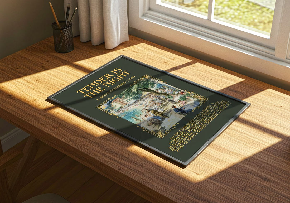 Tender Is The Night Minimalist Book Poster by F. Scott Fitzgerald – print on a sunlit desk