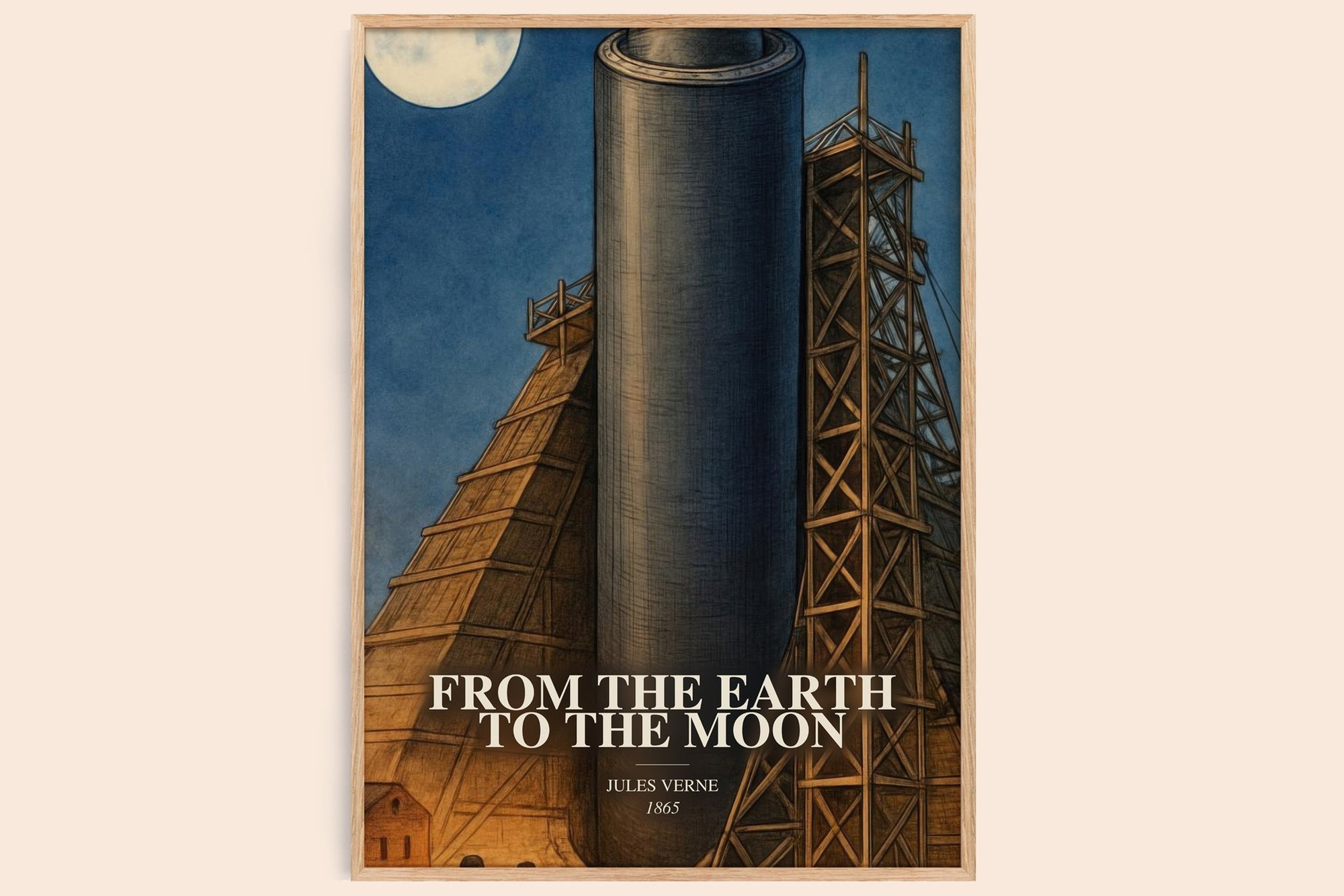 From The Earth To The Moon watercolour book poster by Jules Verne – framed literary art print