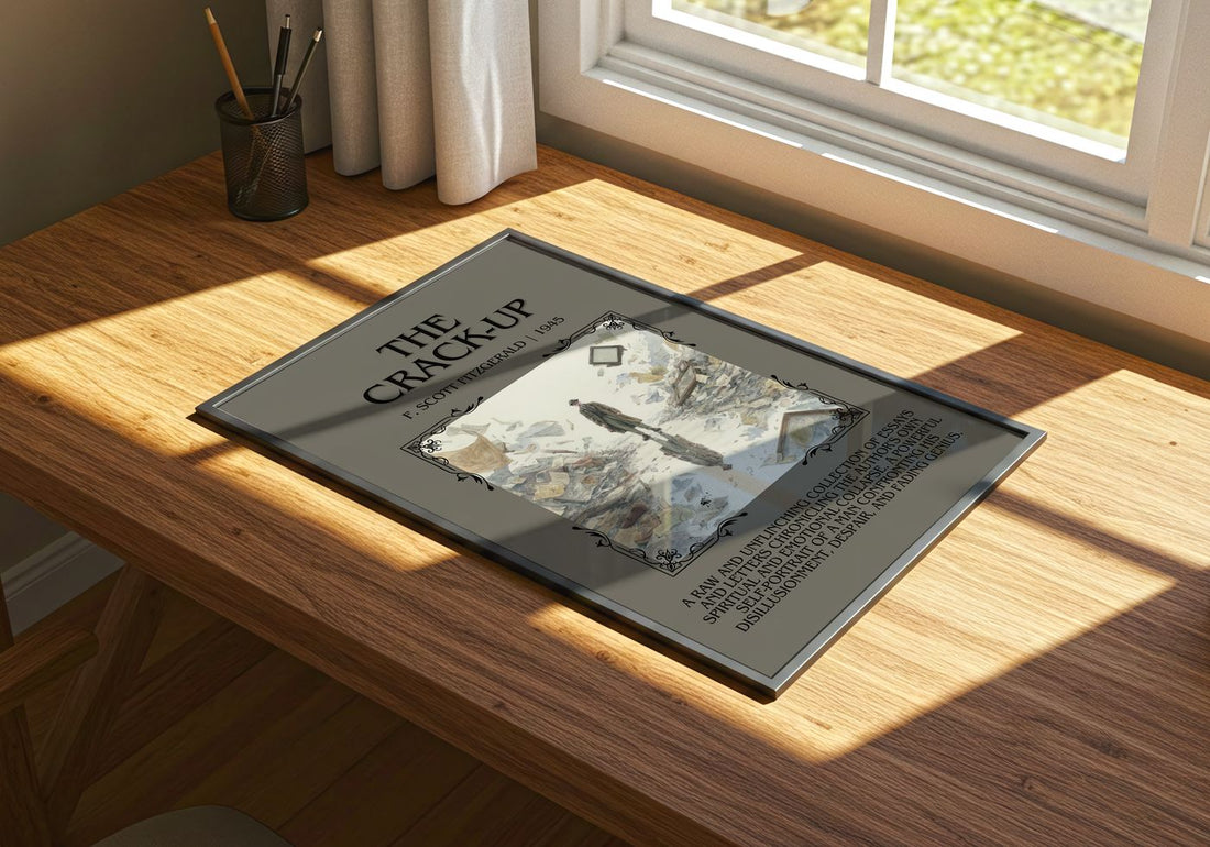 The Crack-Up Minimalist Book Poster by F. Scott Fitzgerald – framed print on a city-view windowsill