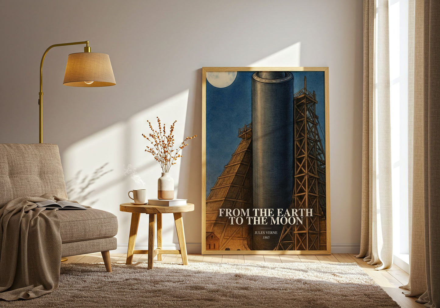From The Earth To The Moon watercolour print in frame leaning in hallway – sci fi wall art