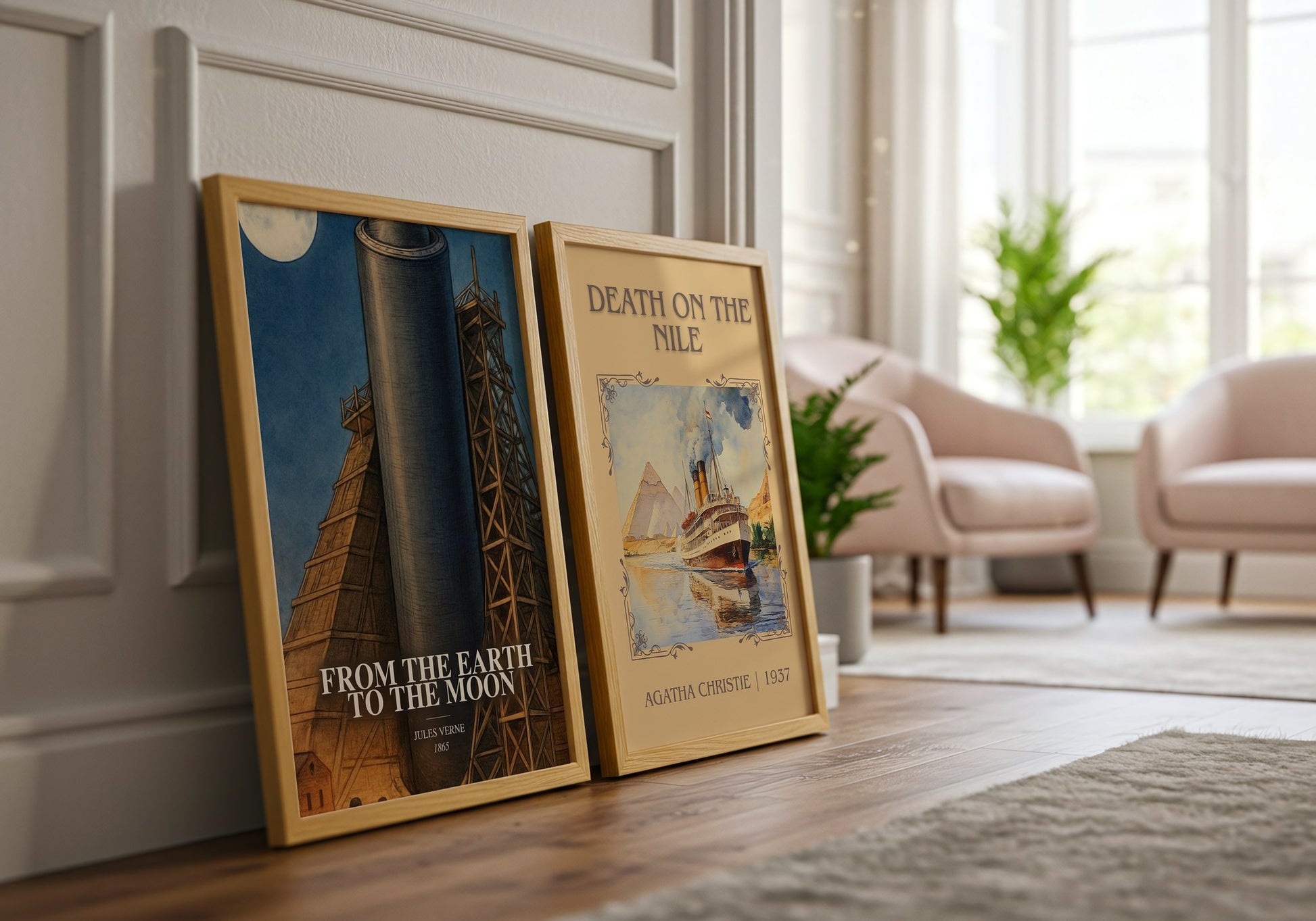 From The Earth To The Moon watercolour print framed by window – literary home decor
