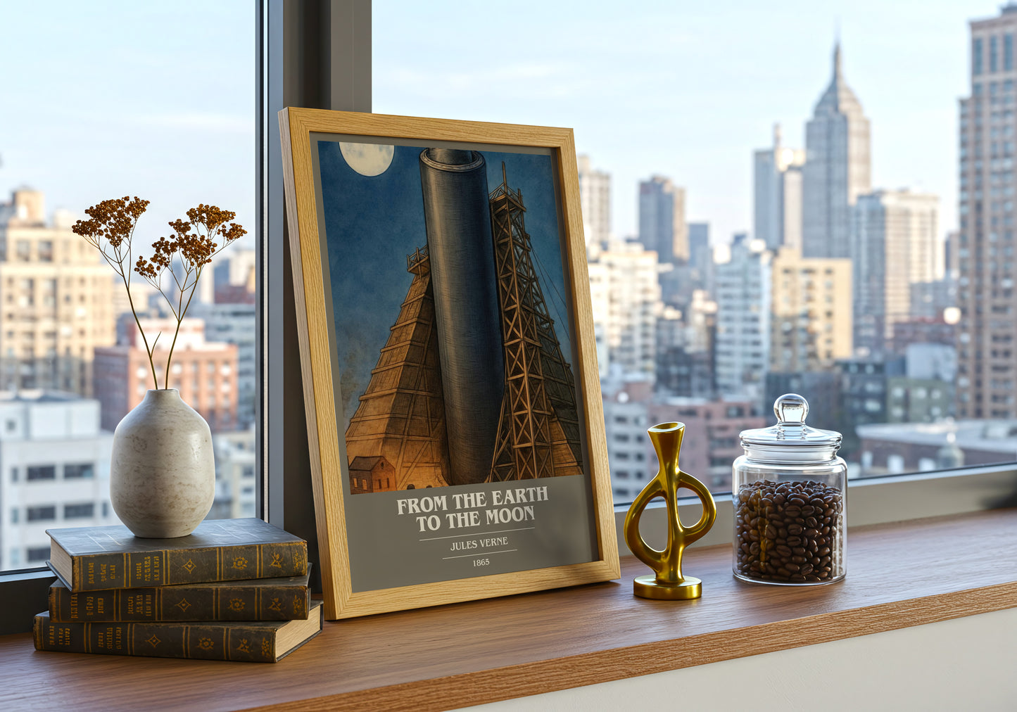 From The Earth To The Moon book cover print framed by window – literary home decor