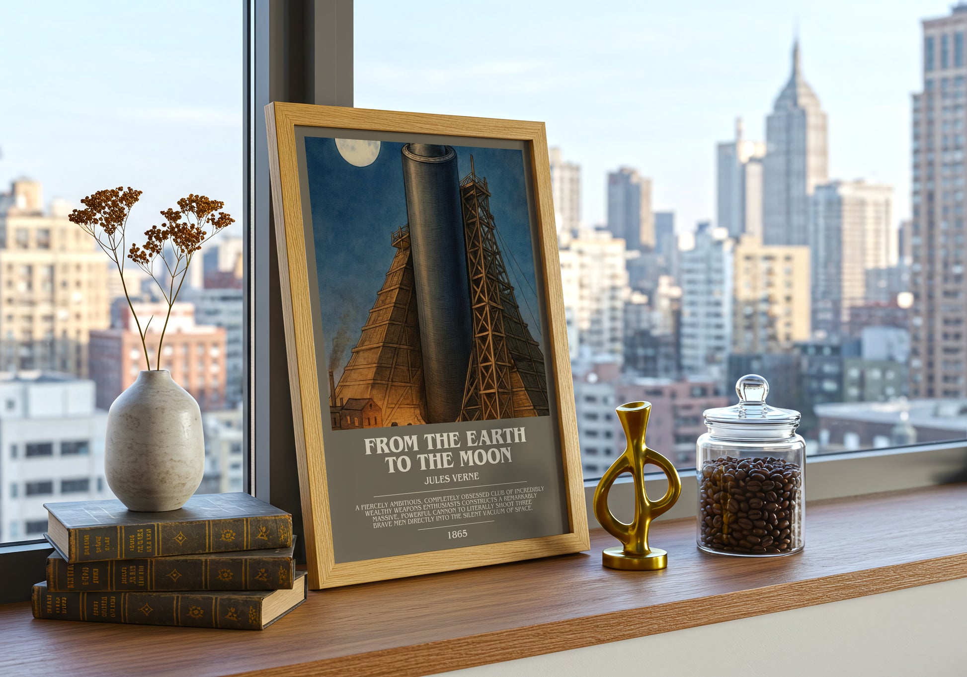 From The Earth To The Moon bookish print framed by window – literary home decor