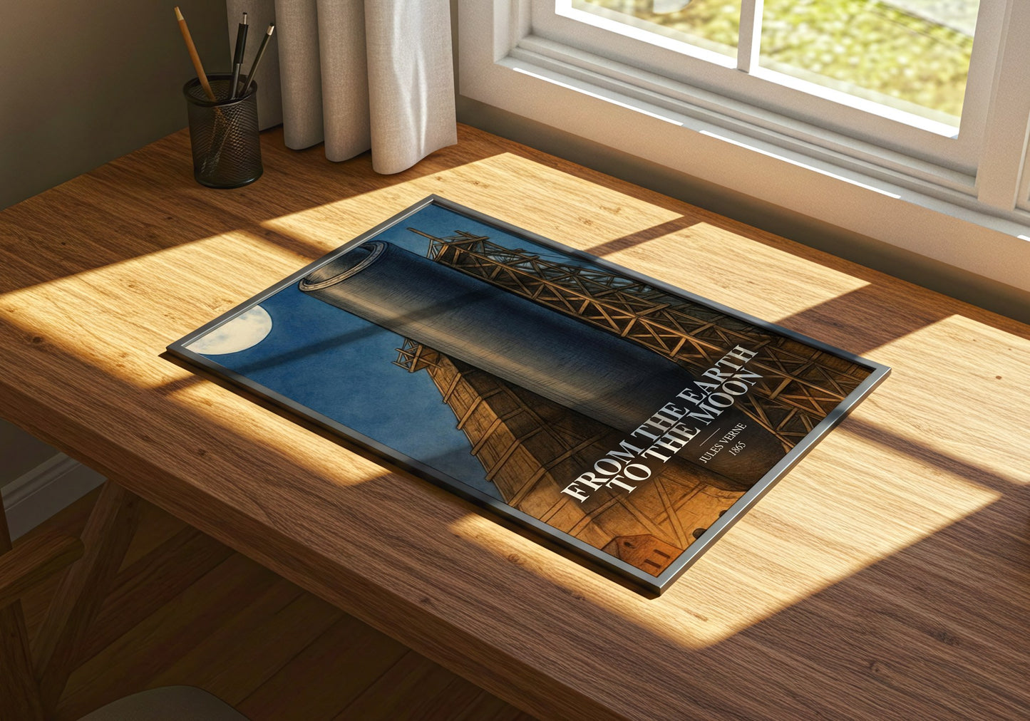 From The Earth To The Moon watercolour book poster framed on wall – sci fi wall art
