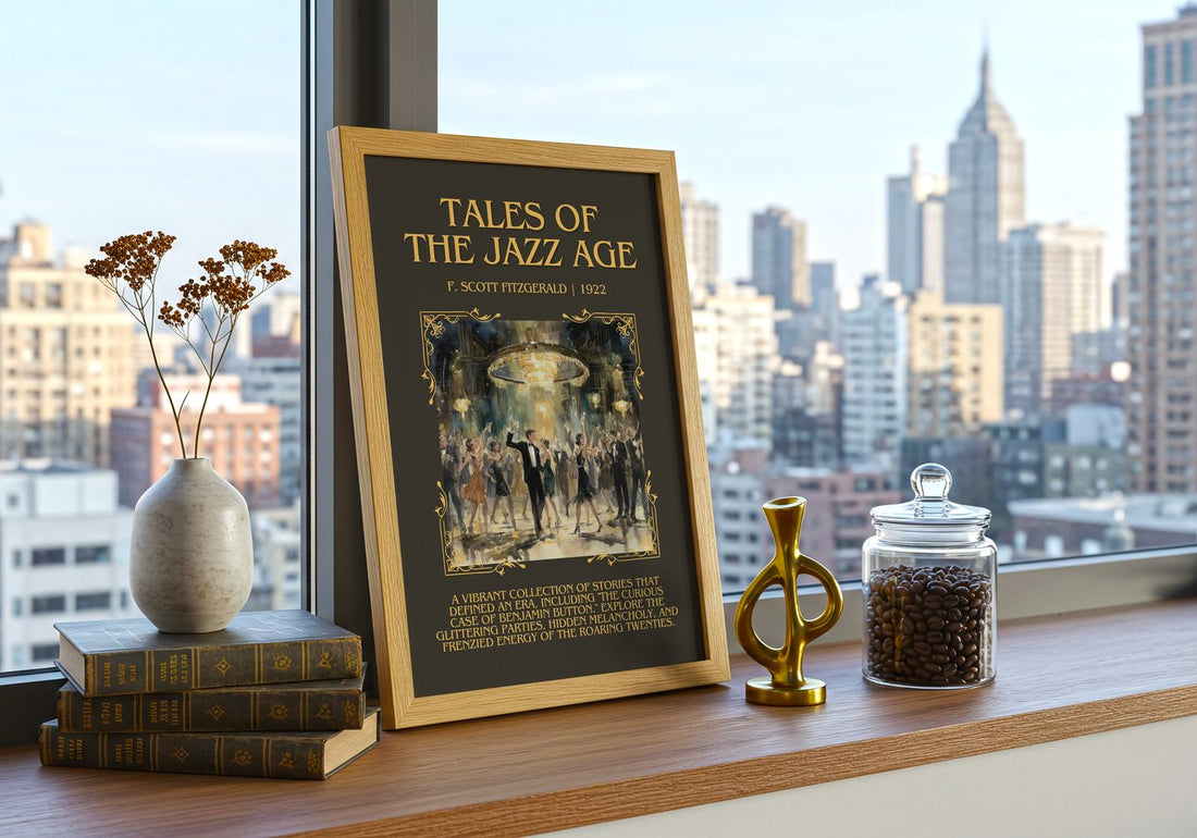 Tales Of The Jazz Age Minimalist Book Poster by F. Scott Fitzgerald – framed print on a city-view windowsill