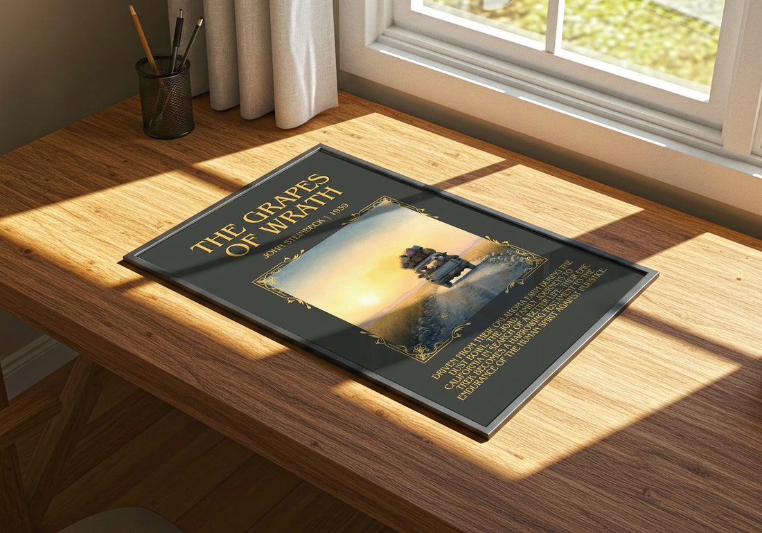 The Grapes Of Wrath Minimalist Book Poster by John Steinbeck – print on a sunlit desk