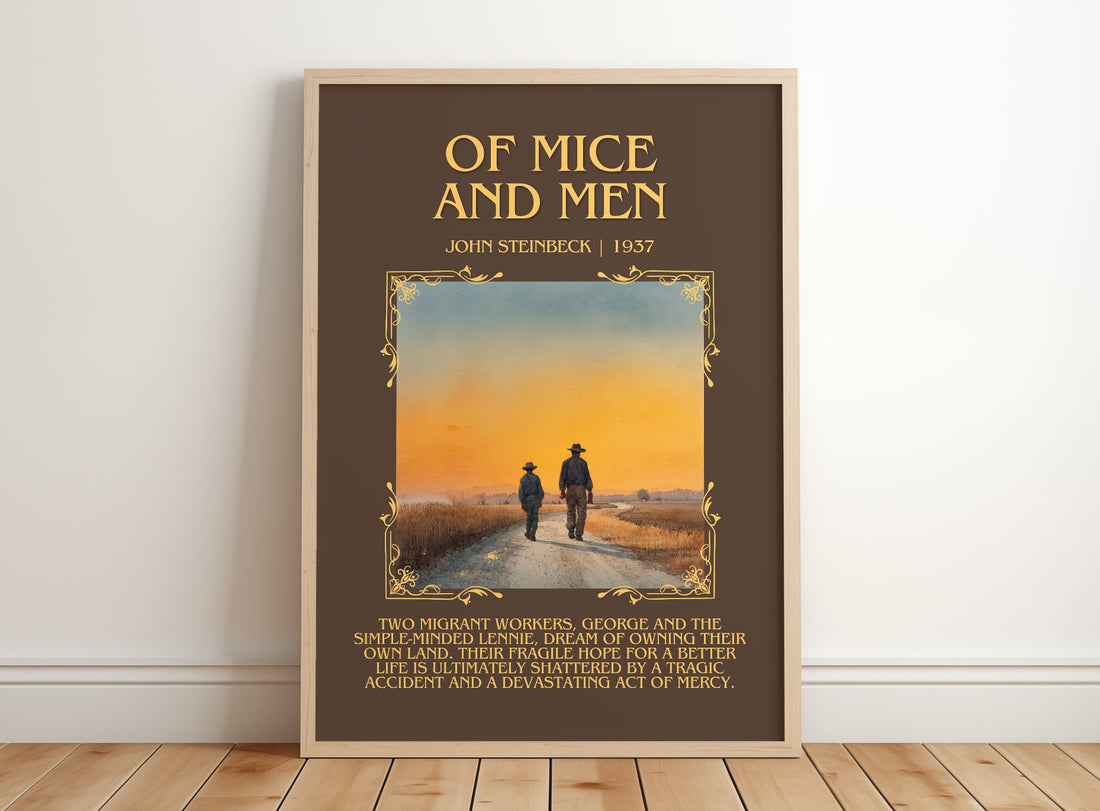 Of Mice And Men Minimalist Book Poster by John Steinbeck – framed print leaning on a wooden floor