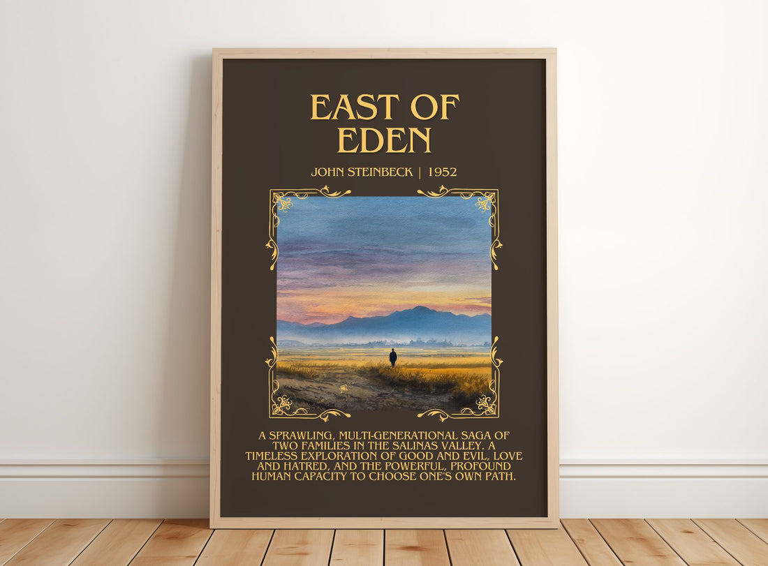 East Of Eden Minimalist Book Poster by John Steinbeck – framed print leaning on a wooden floor
