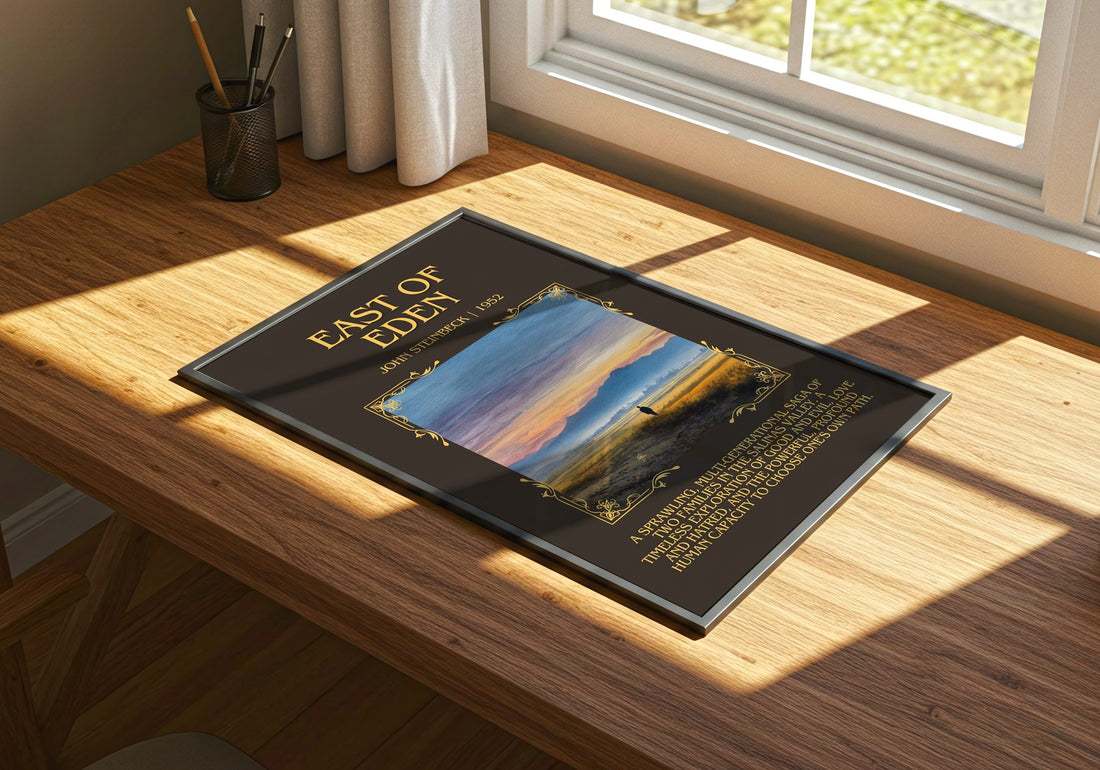 East Of Eden Minimalist Book Poster by John Steinbeck – print on a sunlit desk