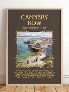 Cannery Row Minimalist Book Poster by John Steinbeck – framed print leaning on a wooden floor