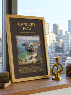 Cannery Row Minimalist Book Poster by John Steinbeck – framed print on a city-view windowsill
