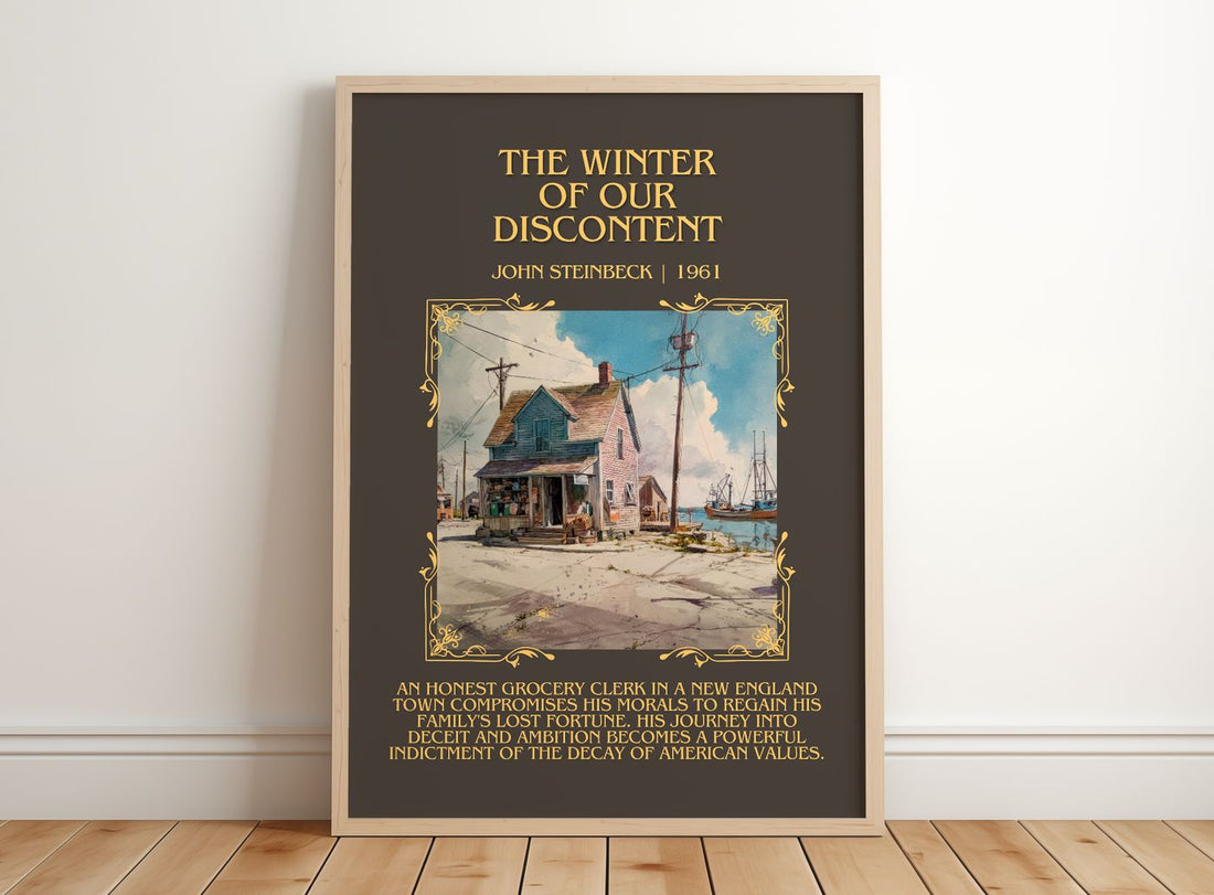 The Winter Of Our Discontent Minimalist Book Poster by John Steinbeck – framed print leaning on a wooden floor
