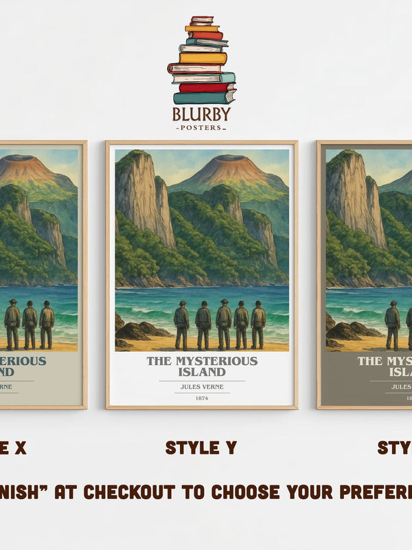 The Mysterious Island book cover print in frame leaning in hallway – adventure wall art