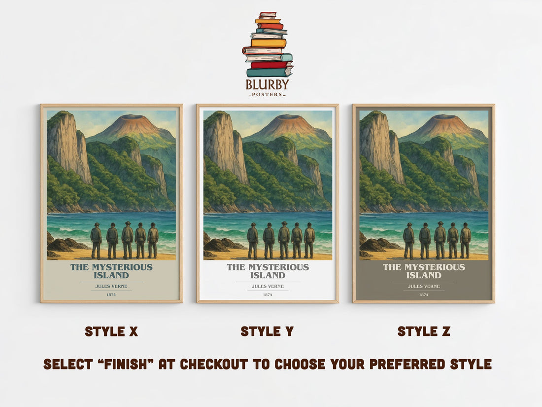 The Mysterious Island book cover print in frame leaning in hallway – adventure wall art (mockup)