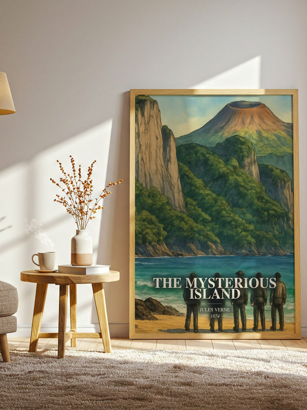 The Mysterious Island watercolour print in frame leaning in hallway – adventure wall art