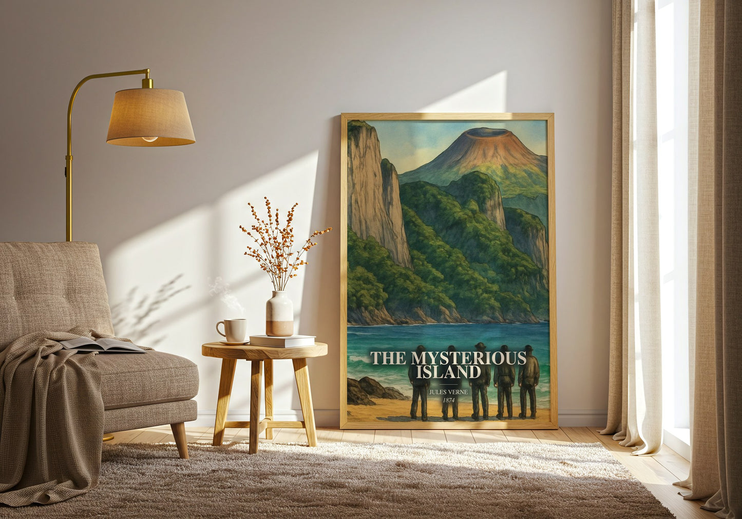 The Mysterious Island watercolour print in frame leaning in hallway – adventure wall art