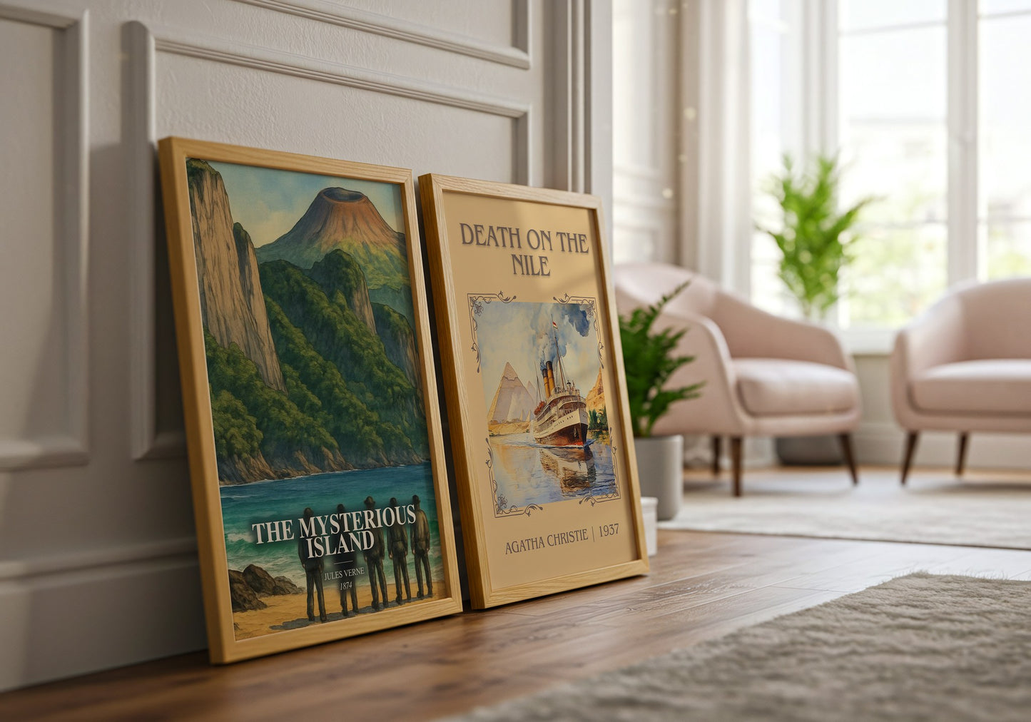 The Mysterious Island watercolour print framed by window – literary home decor