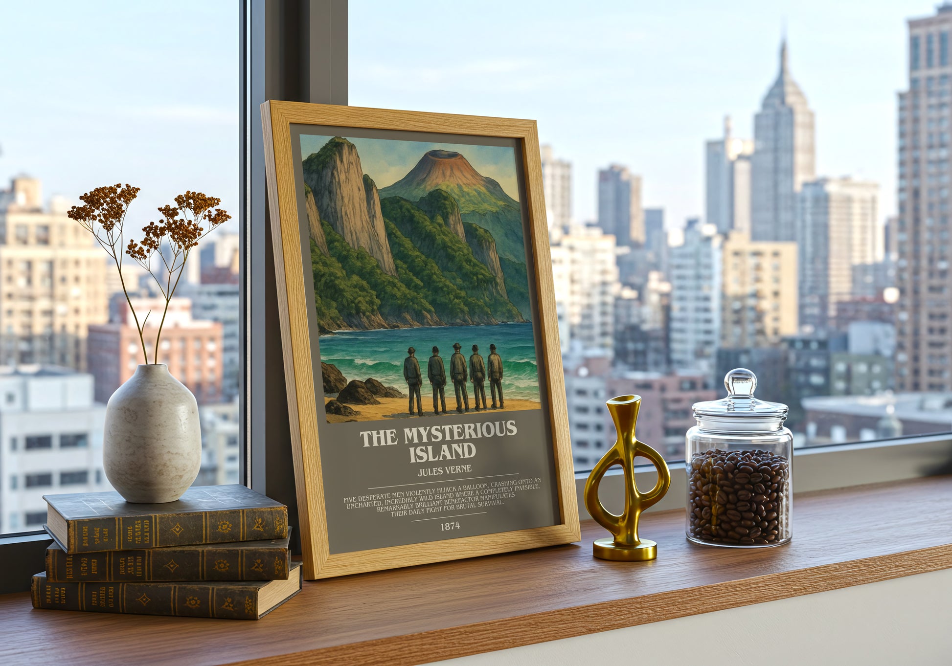 The Mysterious Island bookish print framed by window – literary home decor