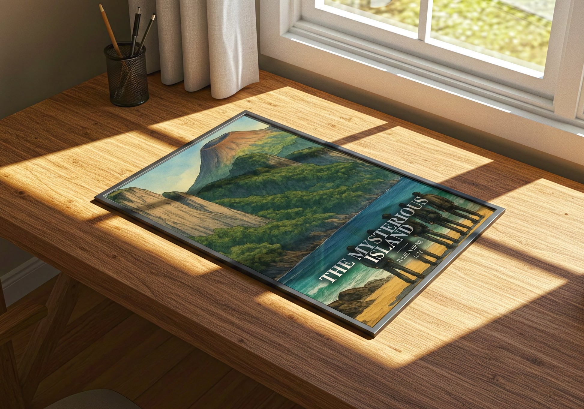 The Mysterious Island watercolour book poster framed on wall – adventure wall art