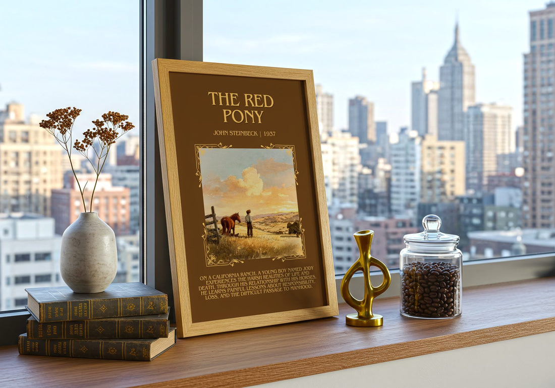 The Red Pony Minimalist Book Poster by John Steinbeck – framed print on a city-view windowsill