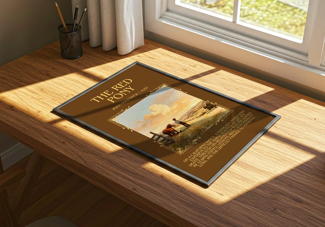 The Red Pony Minimalist Book Poster by John Steinbeck – print on a sunlit desk