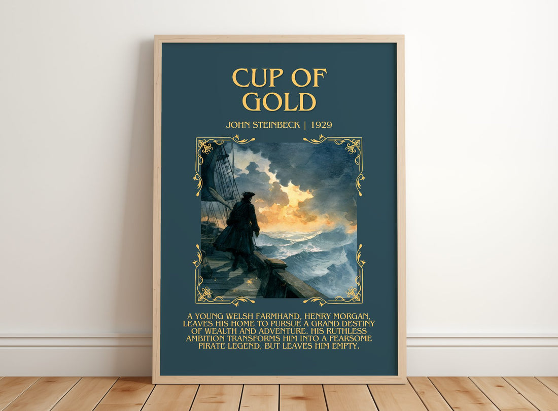 Cup Of Gold Minimalist Book Poster by John Steinbeck – framed print leaning on a wooden floor