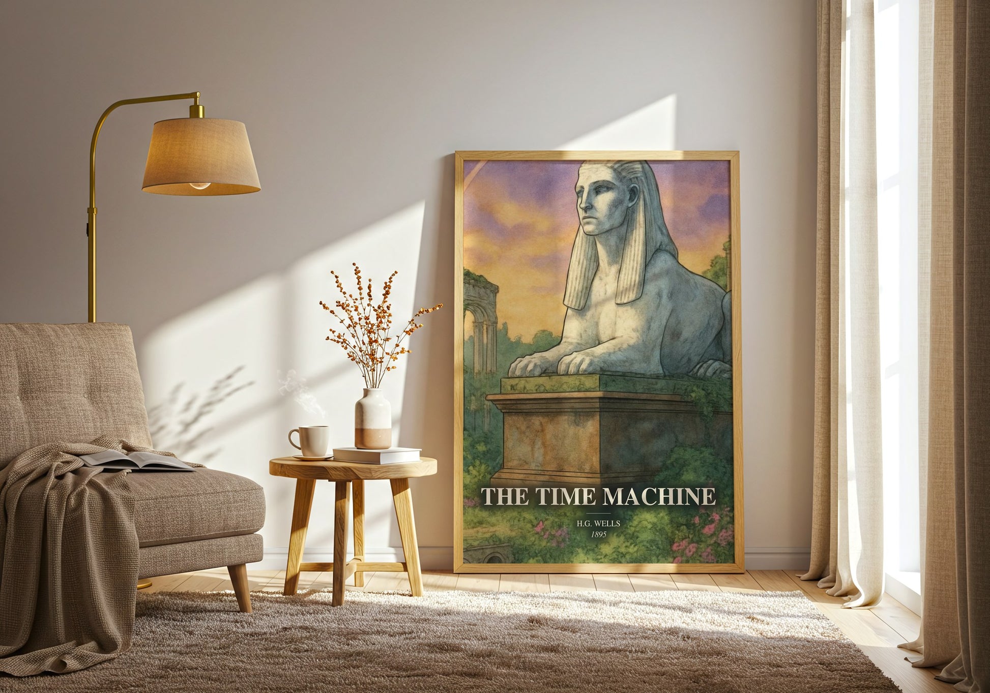 The Time Machine watercolour print in frame leaning in hallway – sci fi wall art