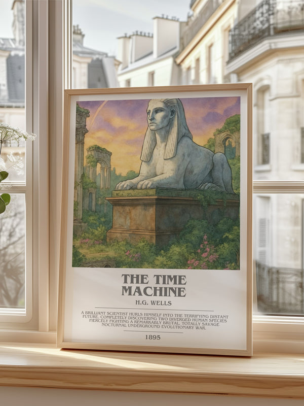 The Time Machine Bookish Wall Art by H.G. Wells – framed print by a bright window