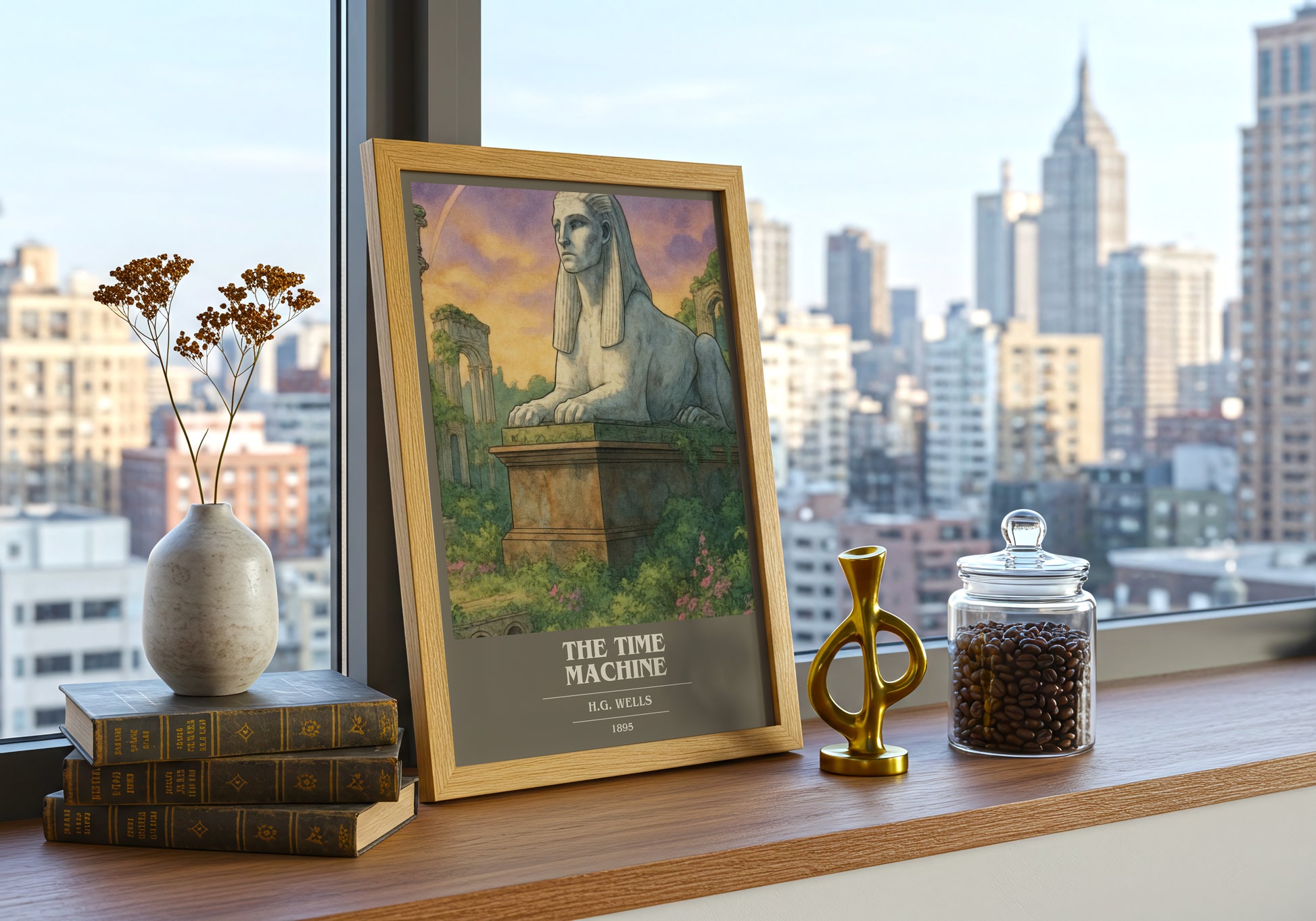 The Time Machine book cover print framed by window – literary home decor