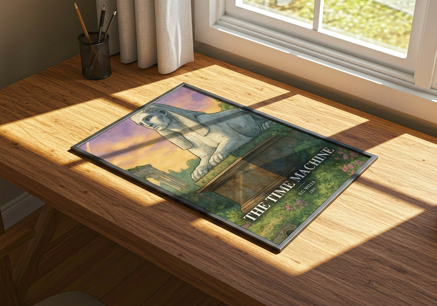 The Time Machine watercolour book poster framed on wall – sci fi wall art