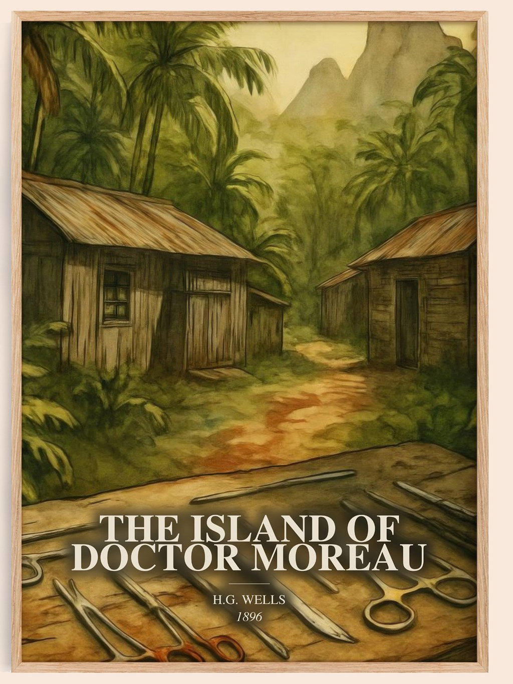 The Island Of Doctor Moreau watercolour book poster by H.G. Wells – framed literary art print