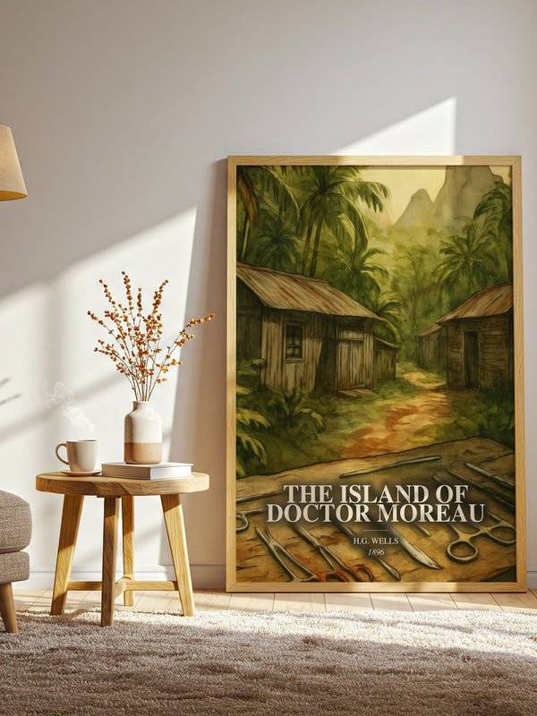 The Island Of Doctor Moreau watercolour print in frame leaning in hallway – sci fi wall art