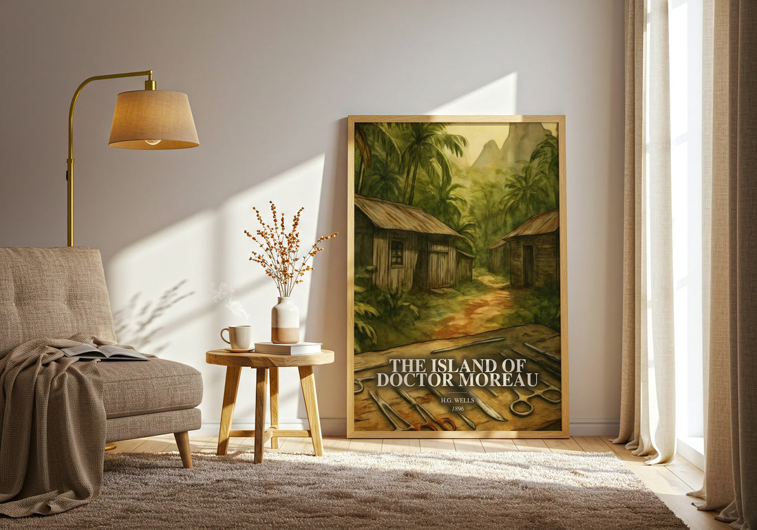 The Island Of Doctor Moreau watercolour print in frame leaning in hallway – sci fi wall art (mockup)
