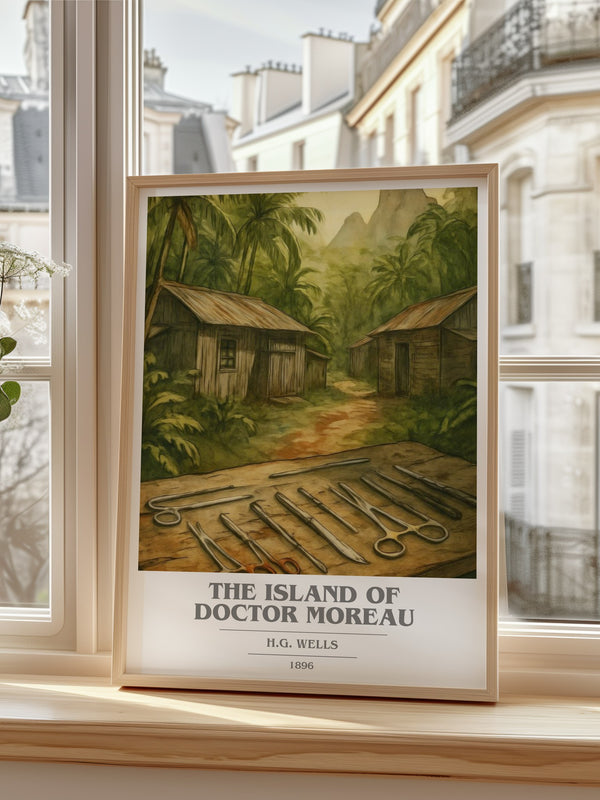 The Island Of Doctor Moreau Book Cover Poster by H.G. Wells – framed print by a bright window
