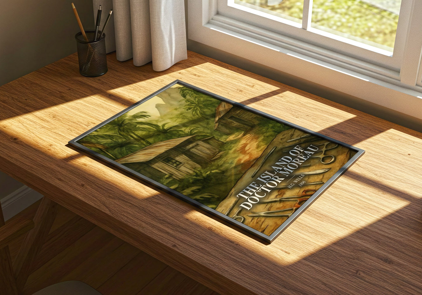 The Island Of Doctor Moreau watercolour book poster framed on wall – sci fi wall art