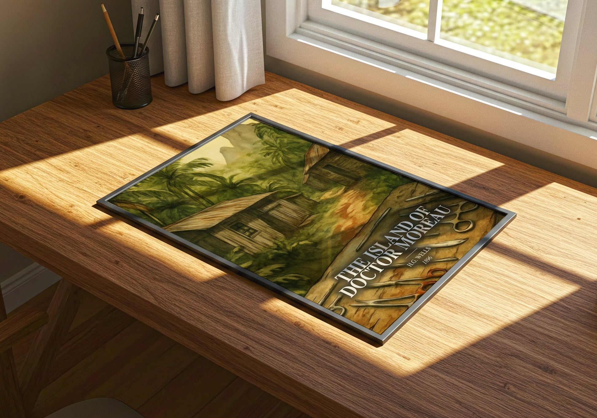 The Island Of Doctor Moreau watercolour book poster framed on wall – sci fi wall art
