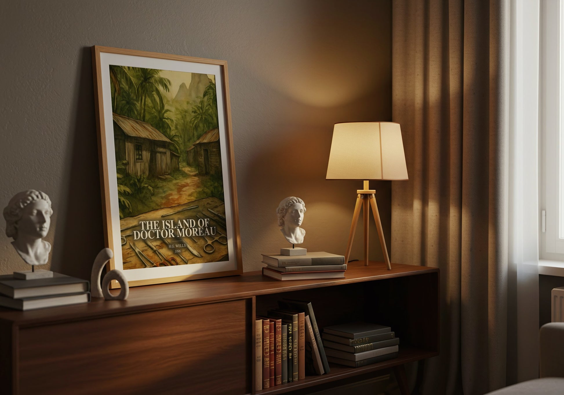 The Island Of Doctor Moreau watercolour print on bookshelf – H.G. Wells fan gift