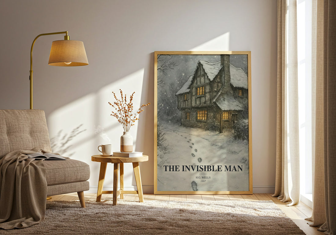 The Invisible Man watercolour print in frame leaning in hallway – sci fi wall art (mockup)