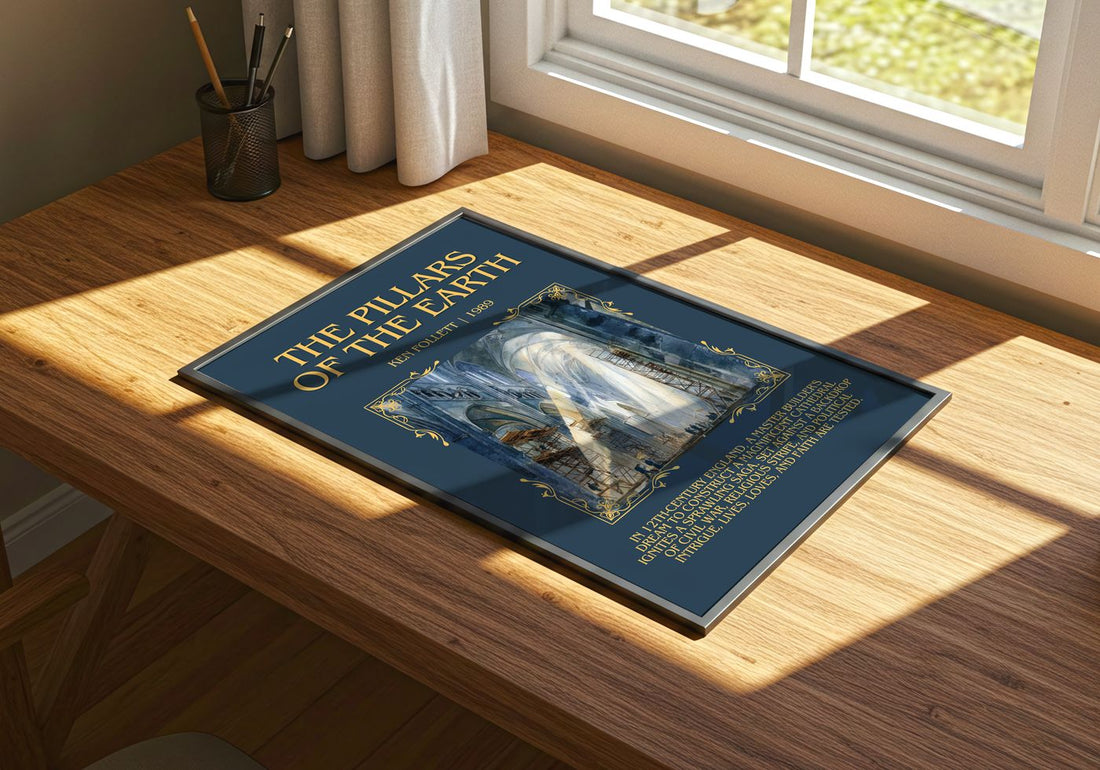 The Pillars Of The Earth Minimalist Book Poster by Ken Follett – print on a sunlit desk