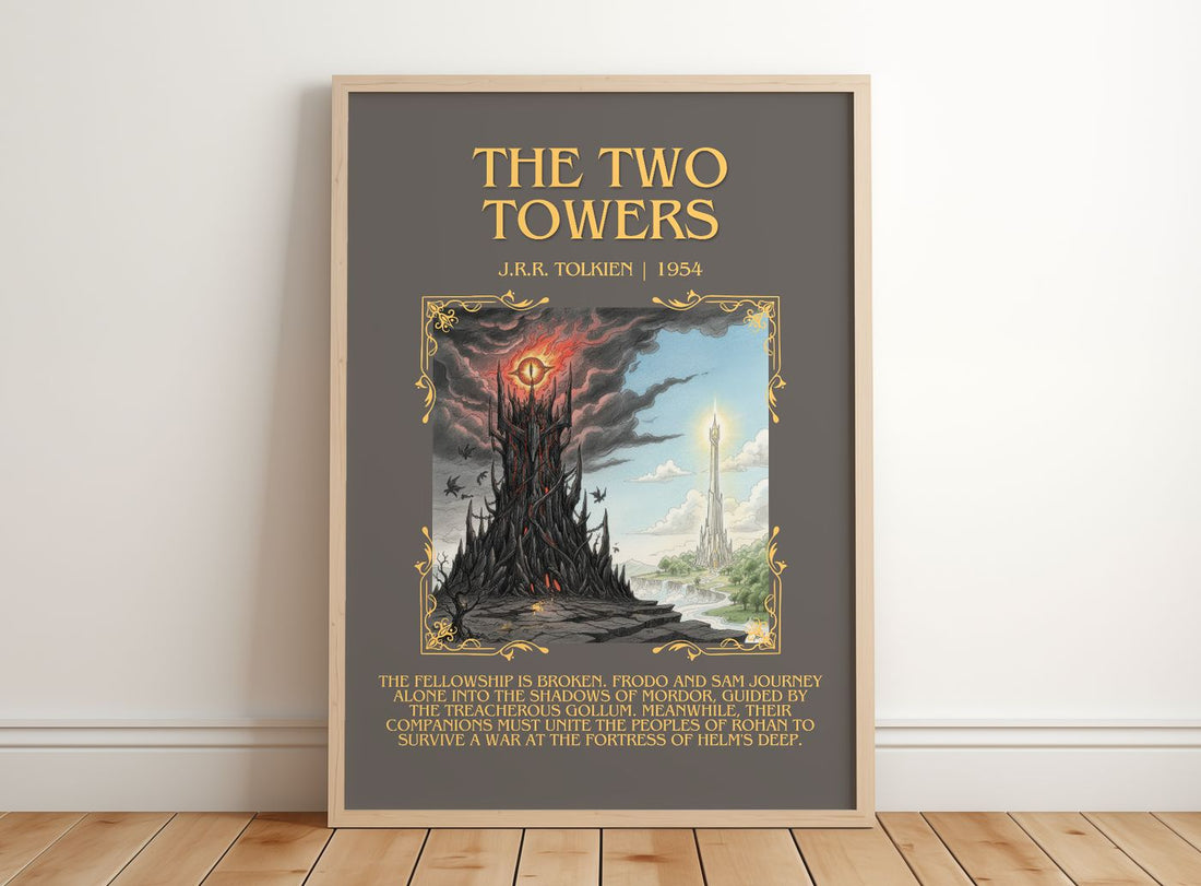 The Two Towers Minimalist Book Poster by J.R.R. Tolkien – framed print leaning on a wooden floor