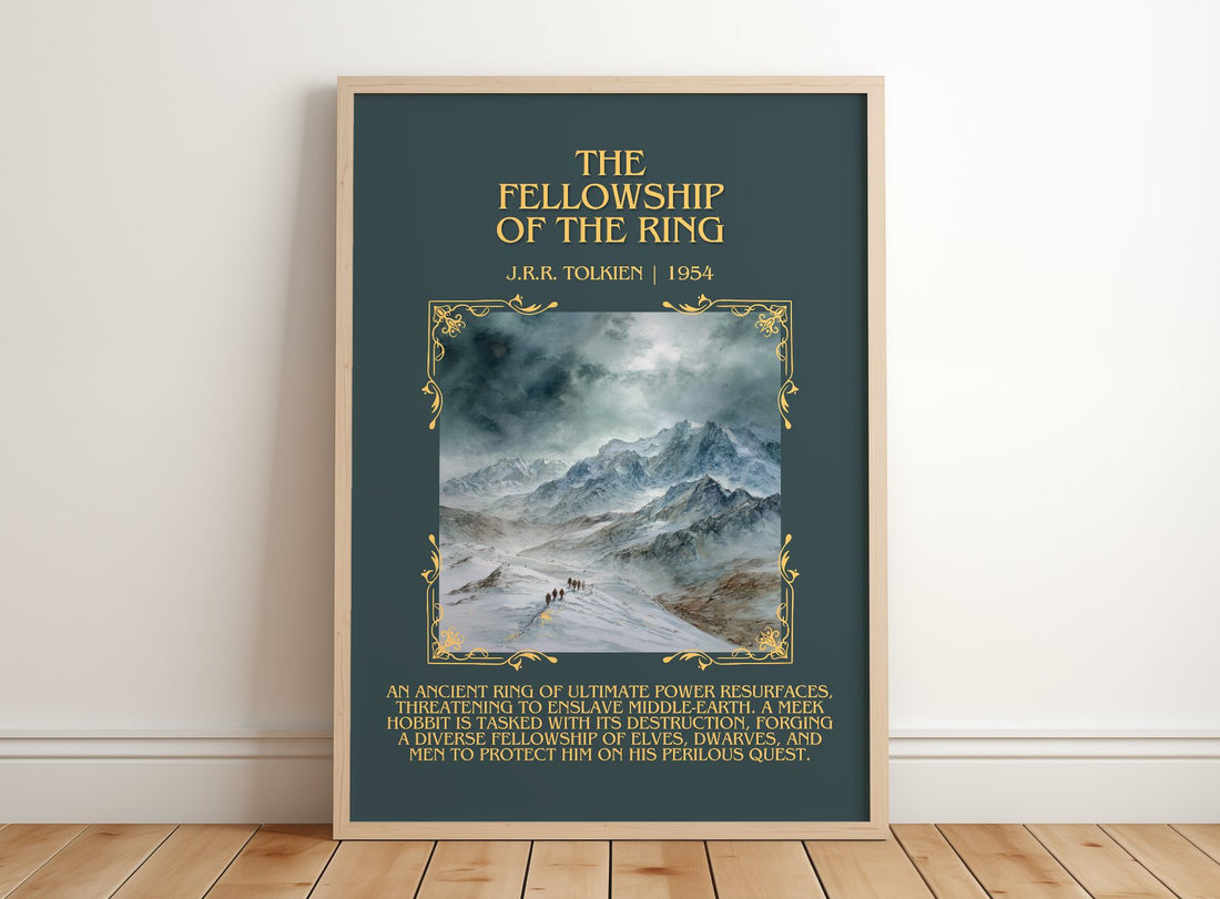 The Fellowship Of The Ring Minimalist Book Poster by J.R.R. Tolkien – framed print leaning on a wooden floor
